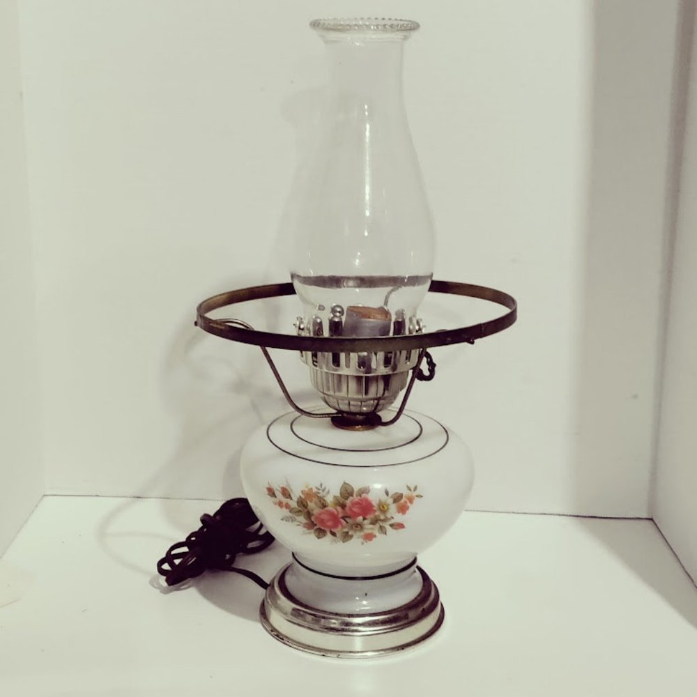 Vintage Electric Hurricane Oil Lamp Style Table Lamp White Ceramic Floral Glass